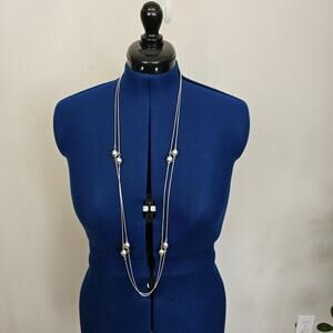 Lot of 2 Long Silver Multi-Strand Necklaces Floating Ball Beads Layered Lariat